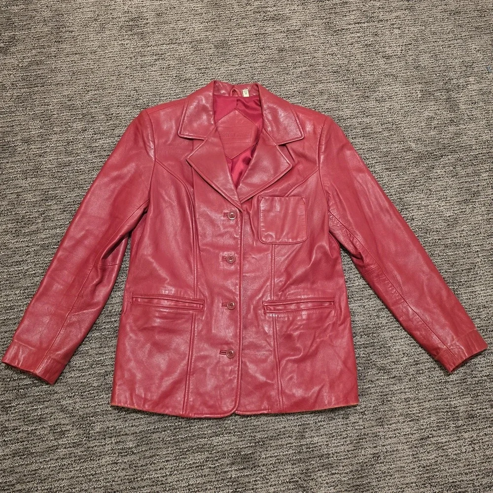 Vtg‎ Preston & York Coat Jacket Women's Lamb Skin Leather Red Lined Button